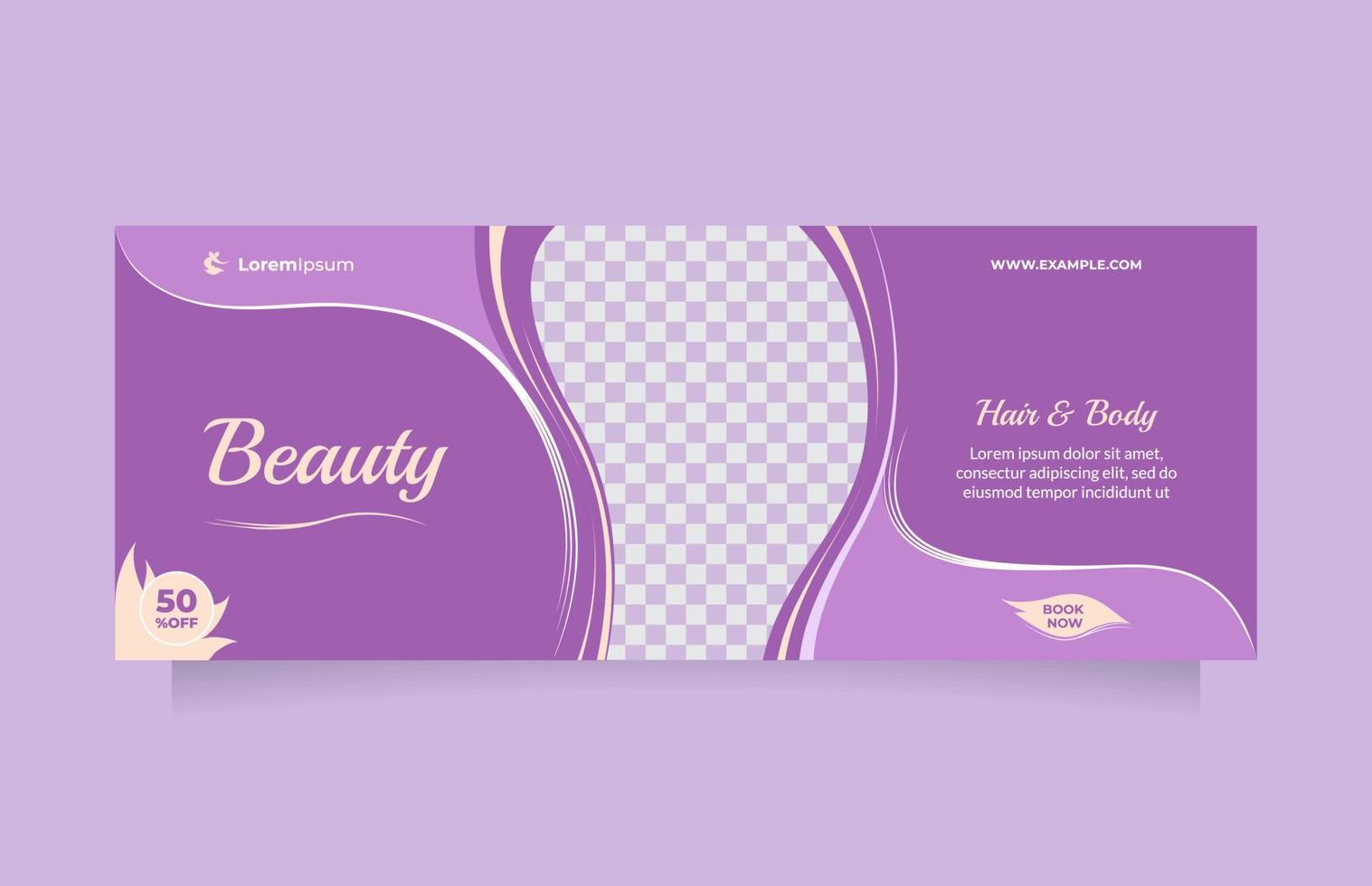 banner de mídia social horizontal para promoção de centro de cuidados de beleza com bela cor roxa. conceito de design criativo de spa de cabelo profissional, máscara de cabelo, estilo de cabelo, venda de cosméticos, tratamento de pele, etc vetor