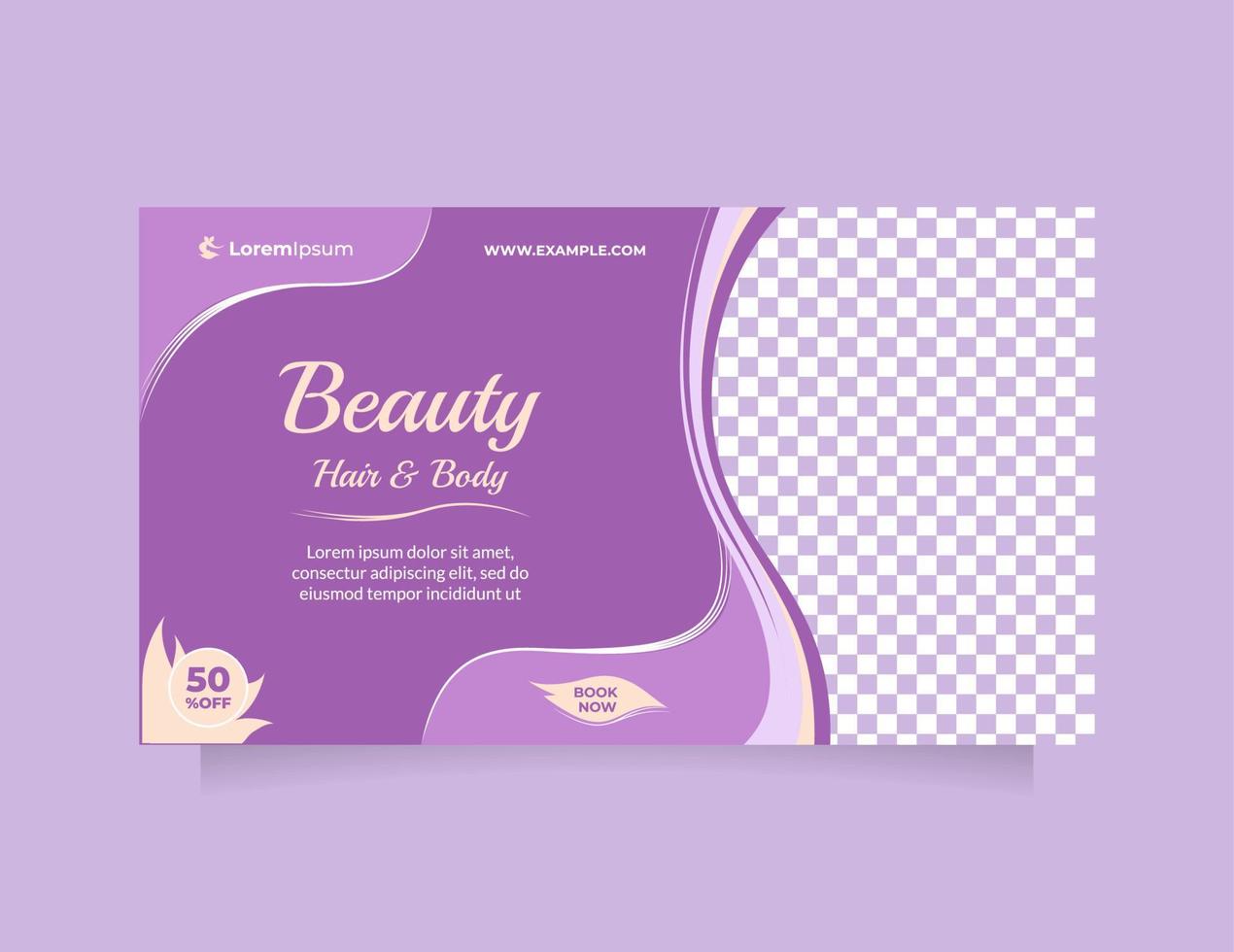 banner de mídia social horizontal para promoção de centro de cuidados de beleza com bela cor roxa. conceito de design criativo de spa de cabelo profissional, máscara de cabelo, estilo de cabelo, venda de cosméticos, tratamento de pele, etc vetor