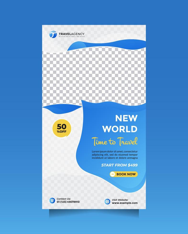 post de história de mídia social de venda de viagens criativas e modelo de banner. vector design banner vertical promoção de oferta de negócios de agência de viagens. design de banner de publicidade de férias e turismo