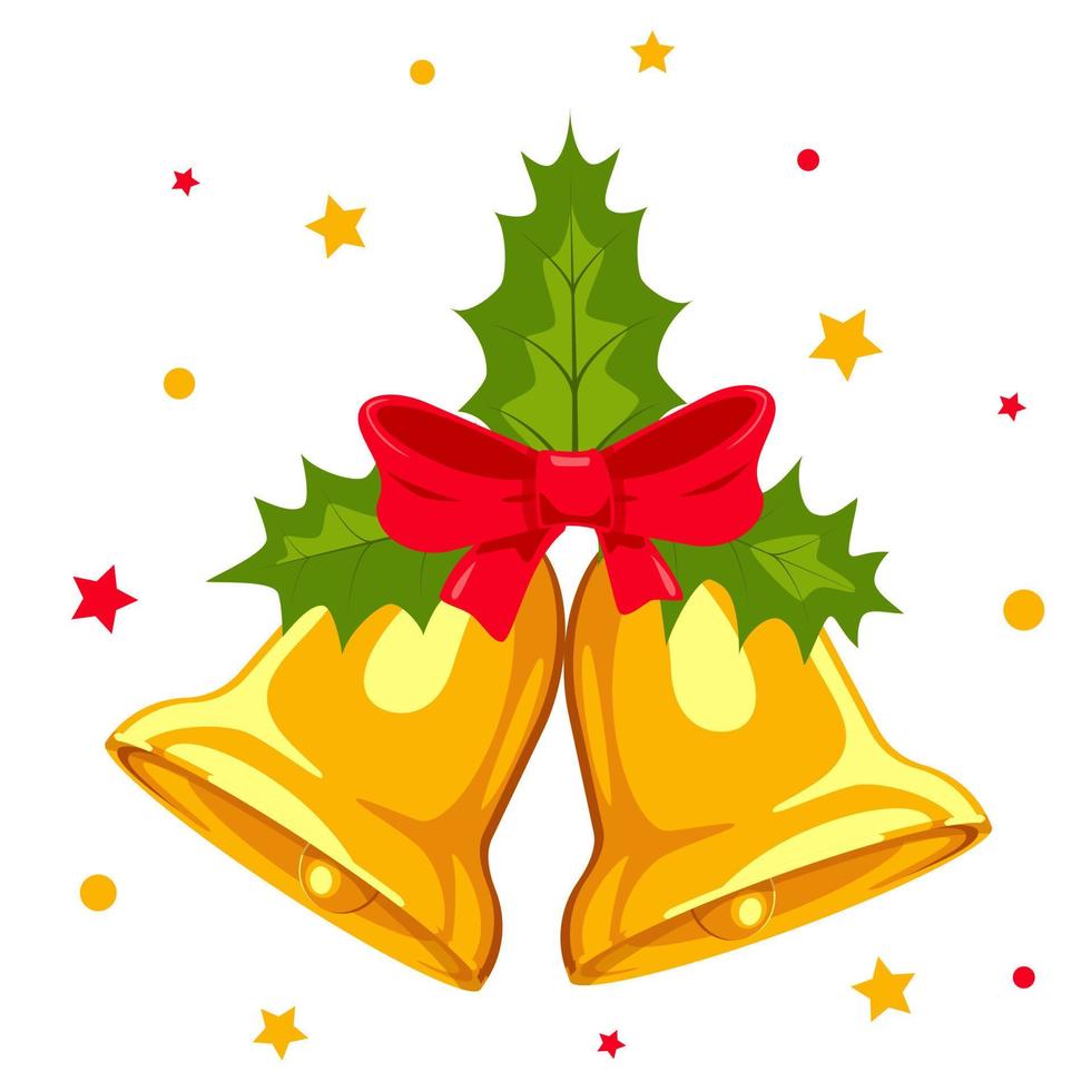 sinos de natal com laço vermelho e folhas de azevinho isoladas no fundo branco. cartão de felicitações para o natal, ano novo. decoração festiva, elemento de design. vetor