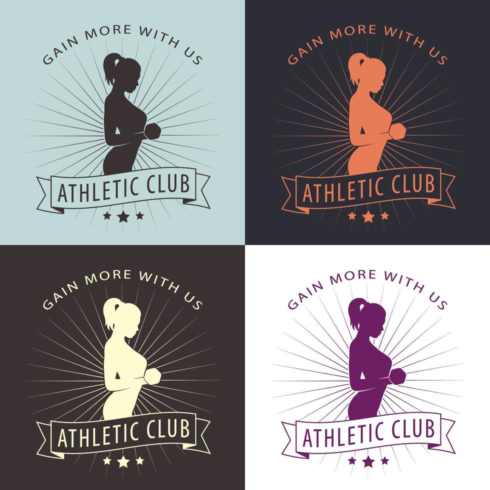 ganhe mais conosco logotipo, crachá, estampa de camiseta com posando de garota atlética, logotipo de fitness em cores diferentes, ilustração vetorial vetor