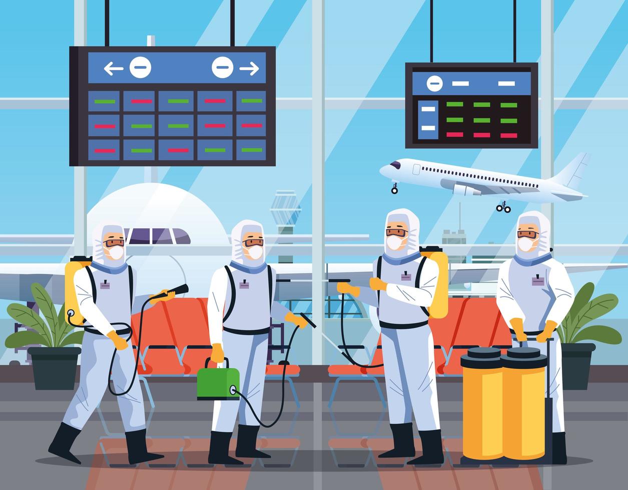 grupo de trabalhadores de biossegurança desinfeta aeroporto vetor