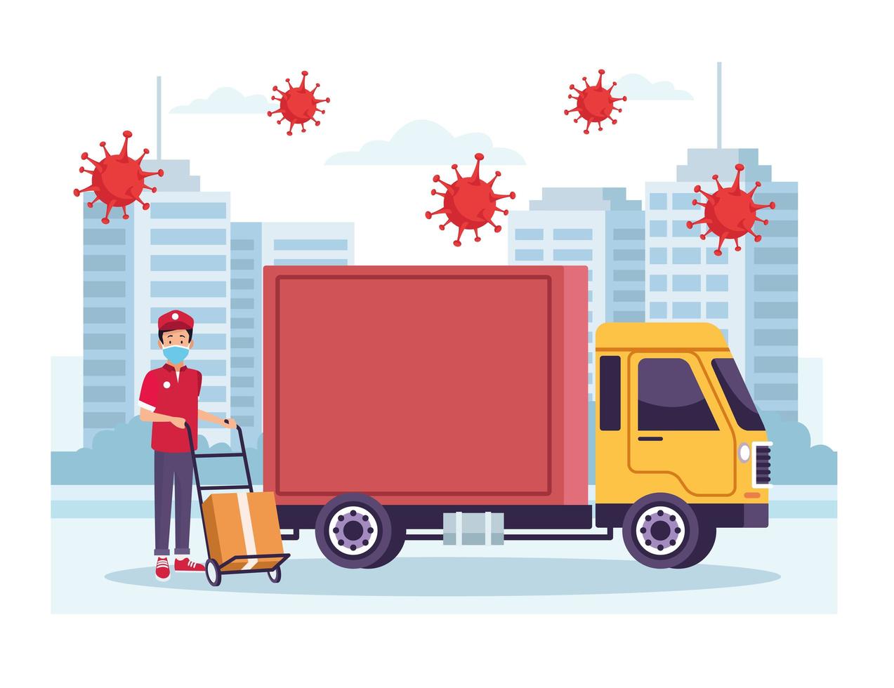 correio com serviço de entrega de caminhão com partículas de coronavírus vetor