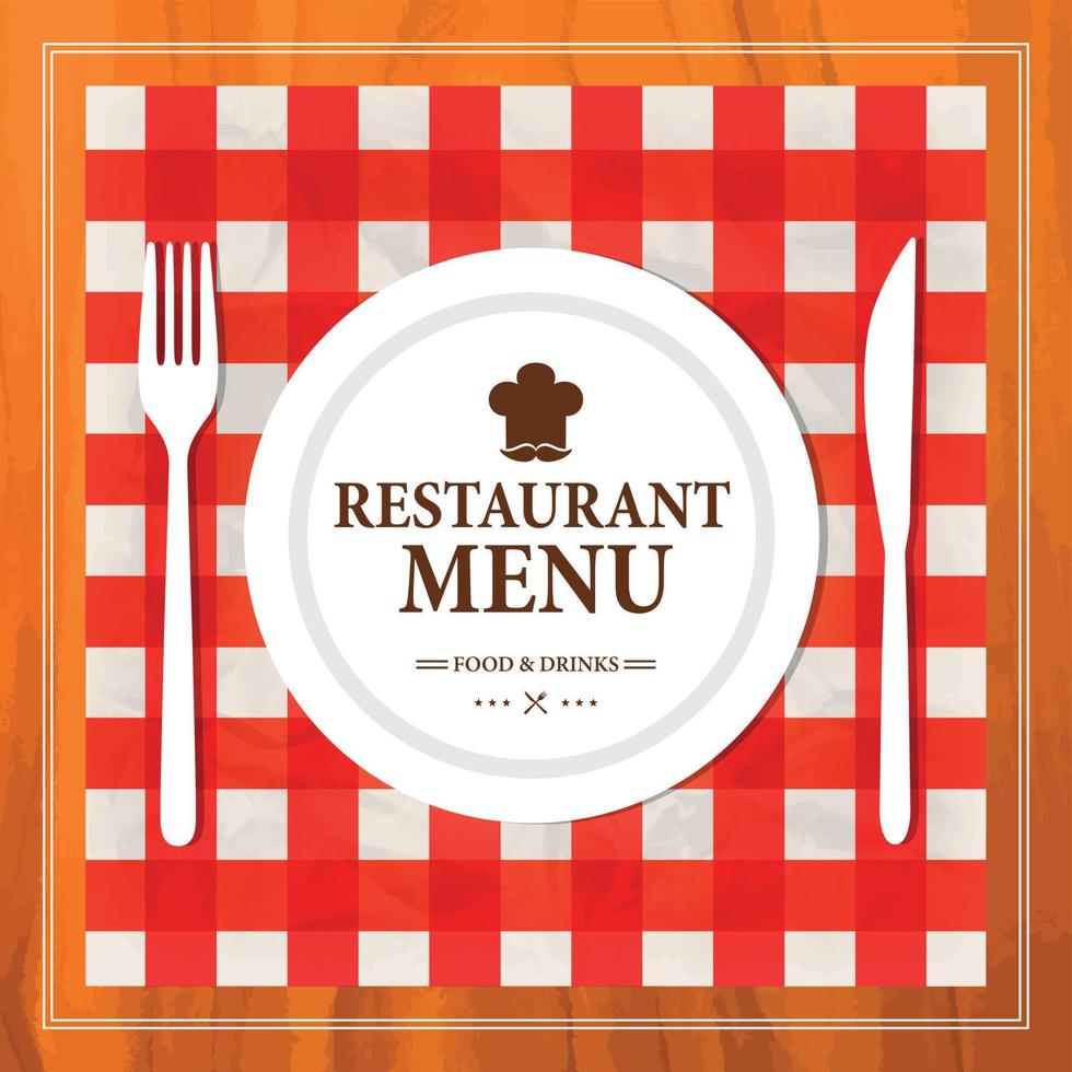 comida de menu de restaurante e bebidas em estilo retrô. prato, garfo, faca, talheres na toalha xadrez vermelha. modelo de menu vetor