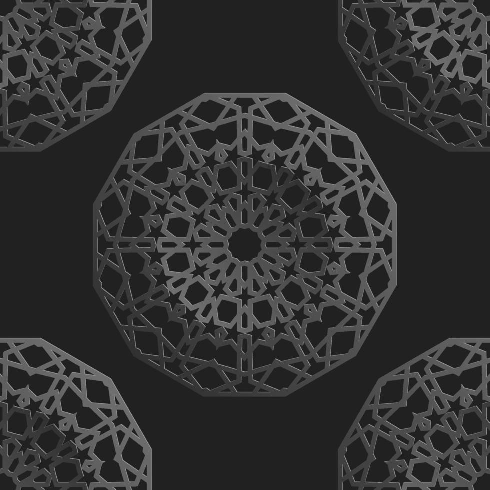 sem costura padrão islâmico com ornamento radial em estilo marroquino. padrão metálico em fundo escuro. vetor de ornamento geométrico abstrato.