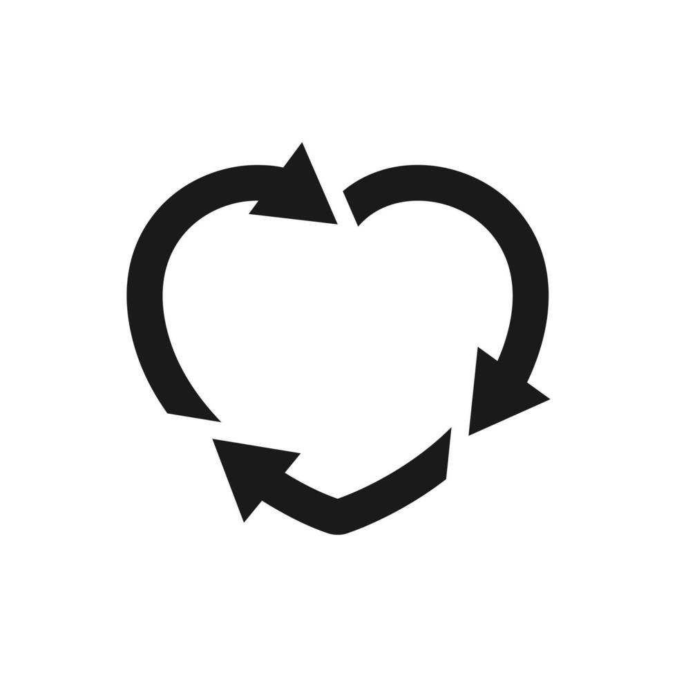 símbolo de forma de coração com setas. reciclar logotipo, sinal de cuidados com o meio ambiente. recicle o ícone na linha, glifo, estilo simples. aplicável para o pacote de produtos ecológicos. ilustração vetorial vetor
