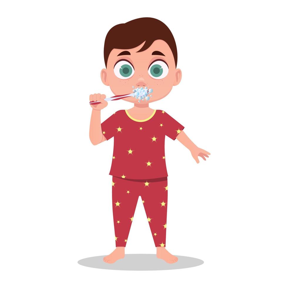um menino de pijama escova os dentes vetor