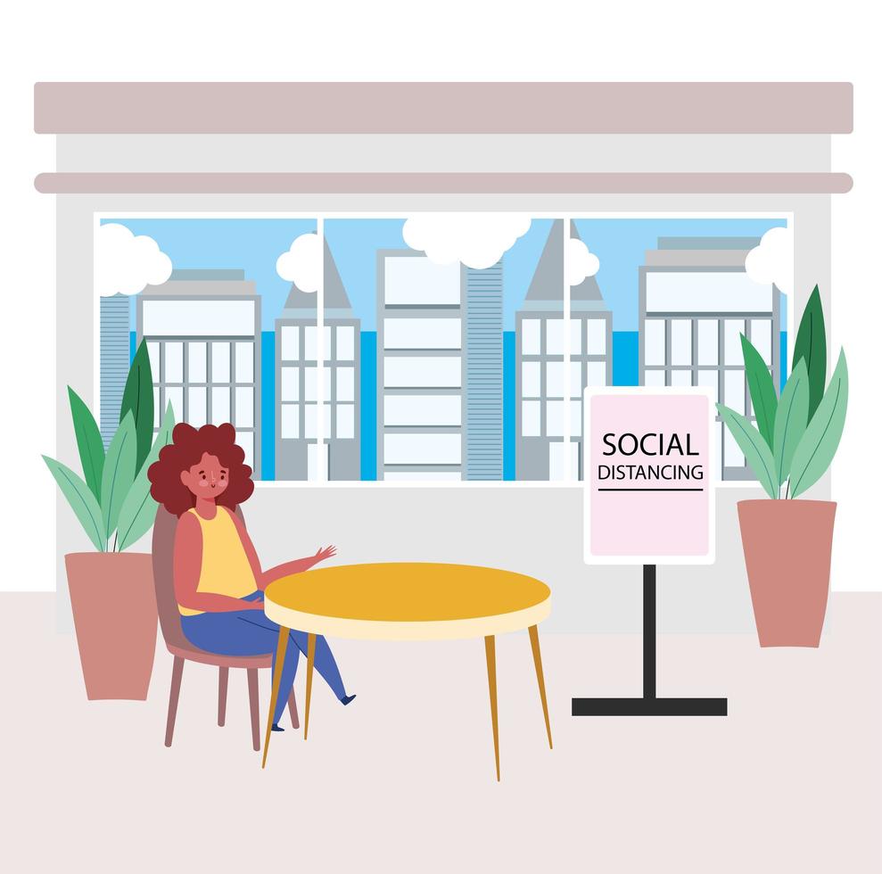 mulher sentada sozinha com uma placa de distância social vetor