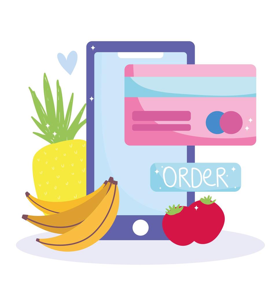 ícone de pedido online de smartphone, cartão de crédito e frutas vetor