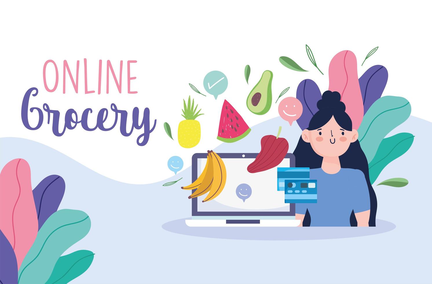 modelo de banner on-line de supermercado com laptop, cartão de crédito e vegetais vetor
