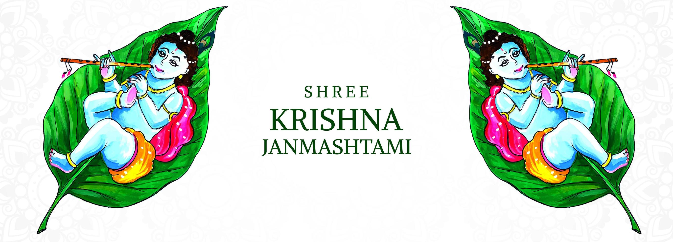 festival feliz krishna janmashtami banner deitado nas folhas vetor