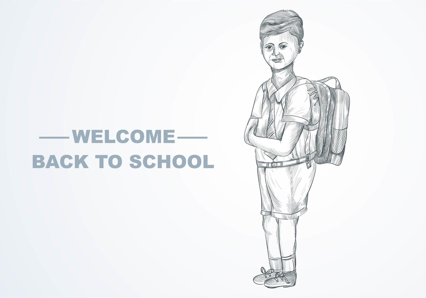 esboço desenhado à mão criança com mochila escolar de volta ao fundo da escola vetor