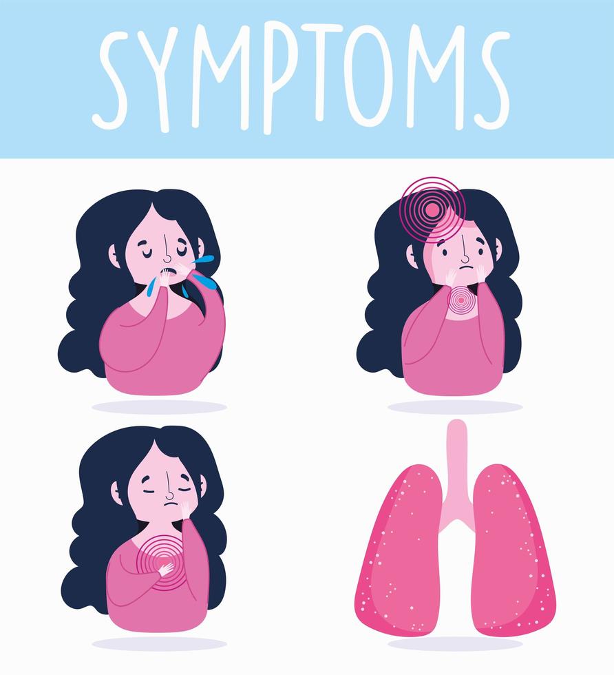 menina morena com conjunto de ícones de sintomas de doença vetor