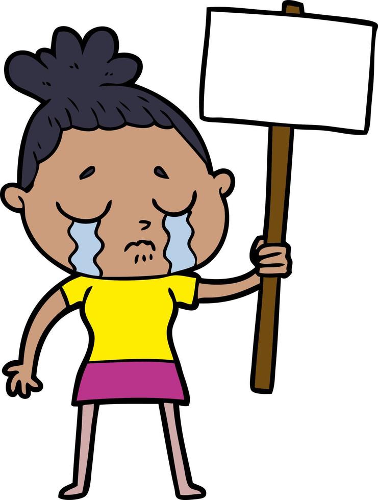 mulher chorando de desenho animado com sinal de protesto vetor