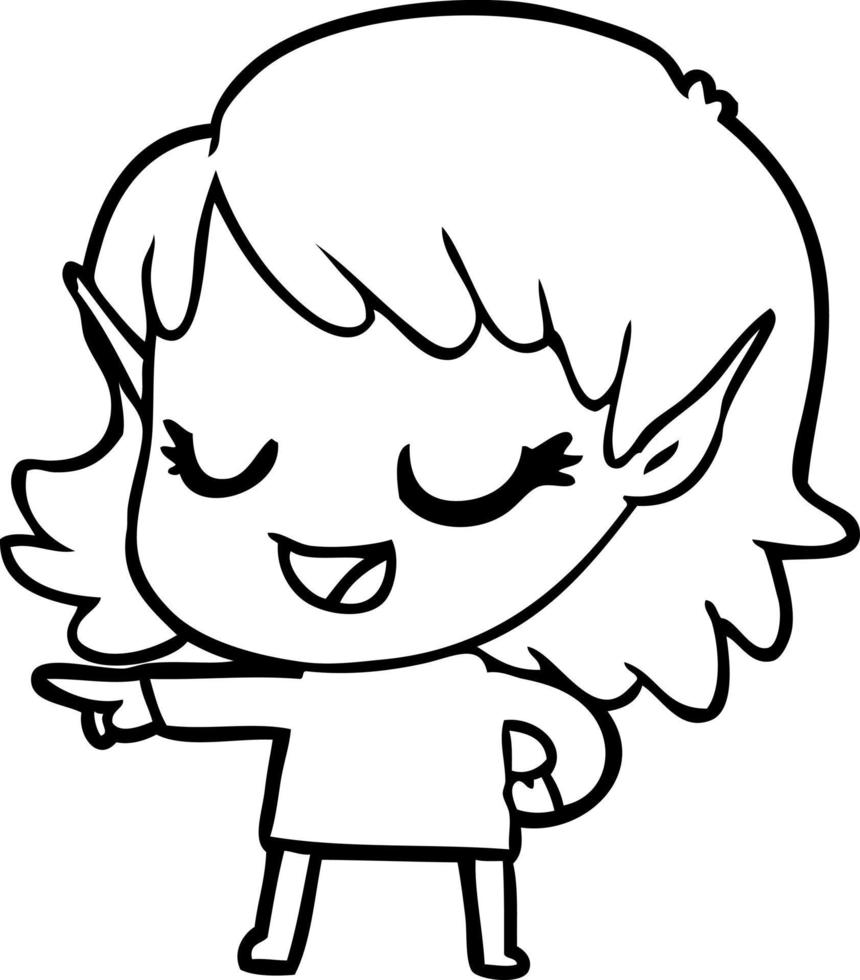 garota de elfo de desenho animado feliz apontando vetor