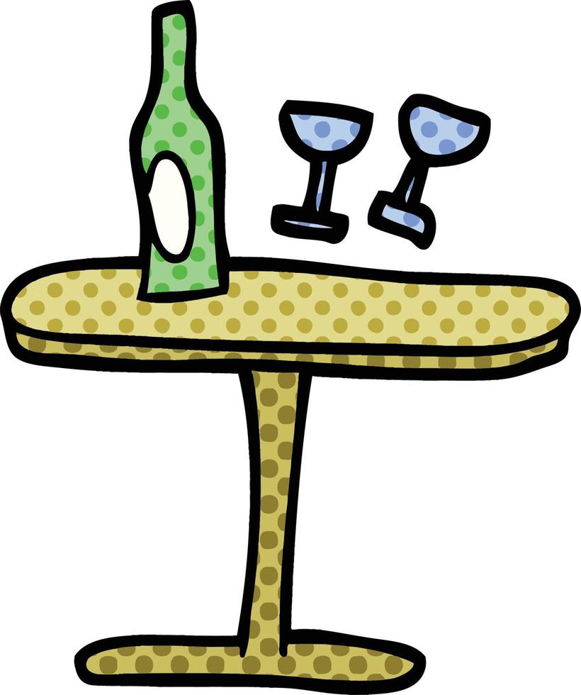 mesa de desenho animado estilo quadrinhos com garrafa e copos vetor