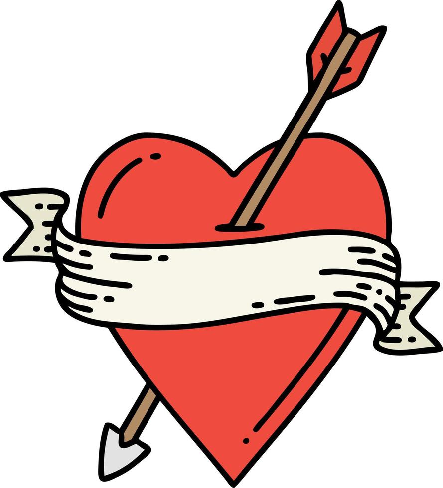 tatuagem tradicional de um coração de flecha e banner vetor