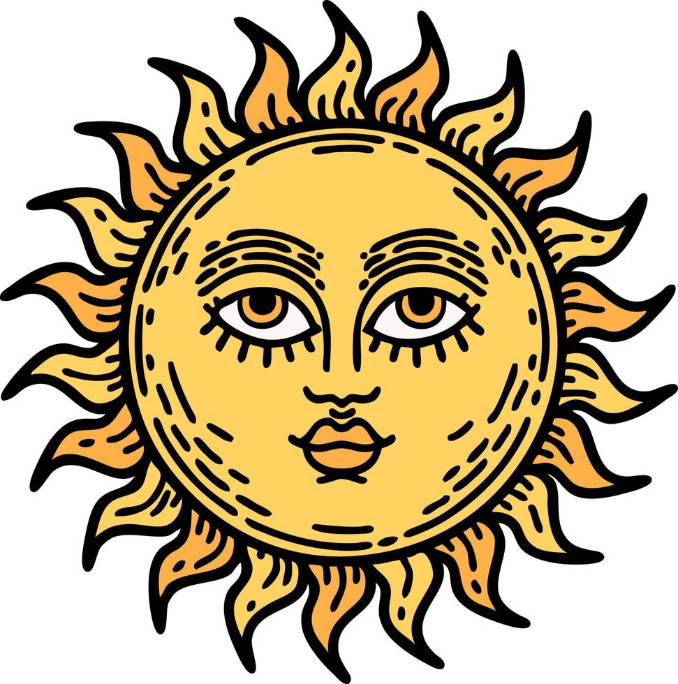 tatuagem tradicional de um sol com rosto vetor