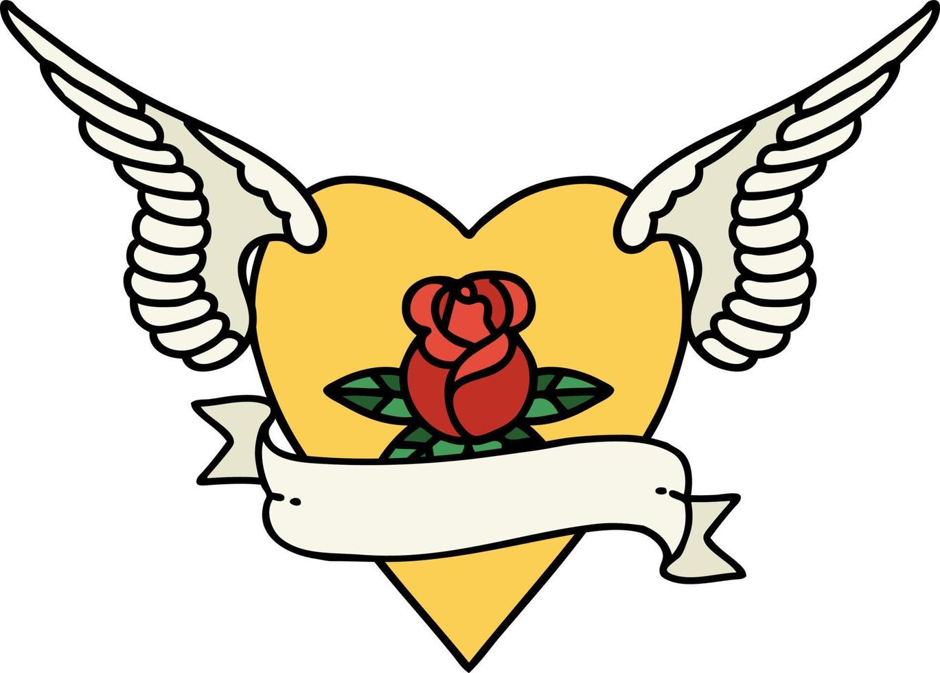 tatuagem tradicional de um coração com asas uma rosa e banner vetor