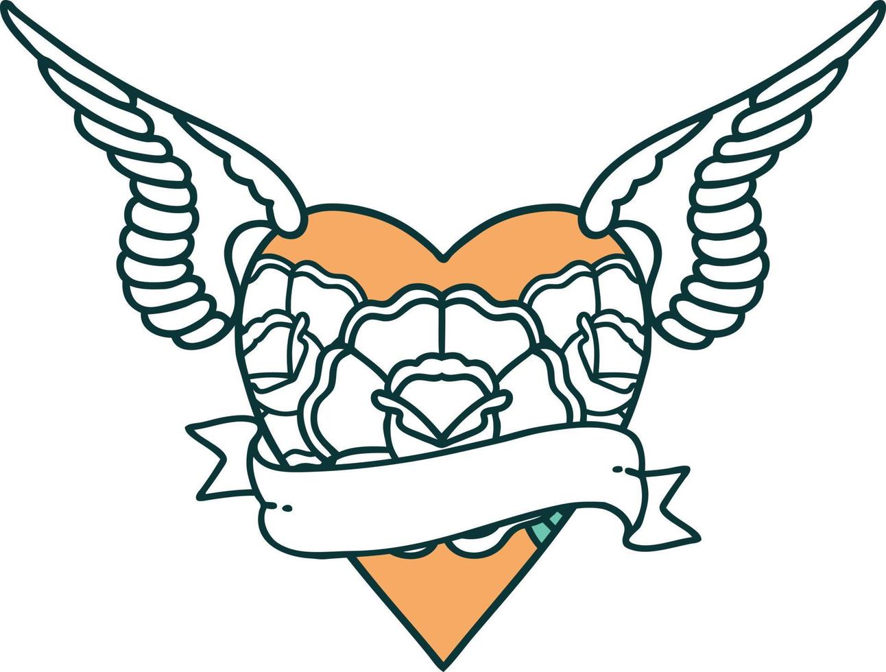 ícone de estilo de tatuagem de um coração com flores de asas e banner vetor