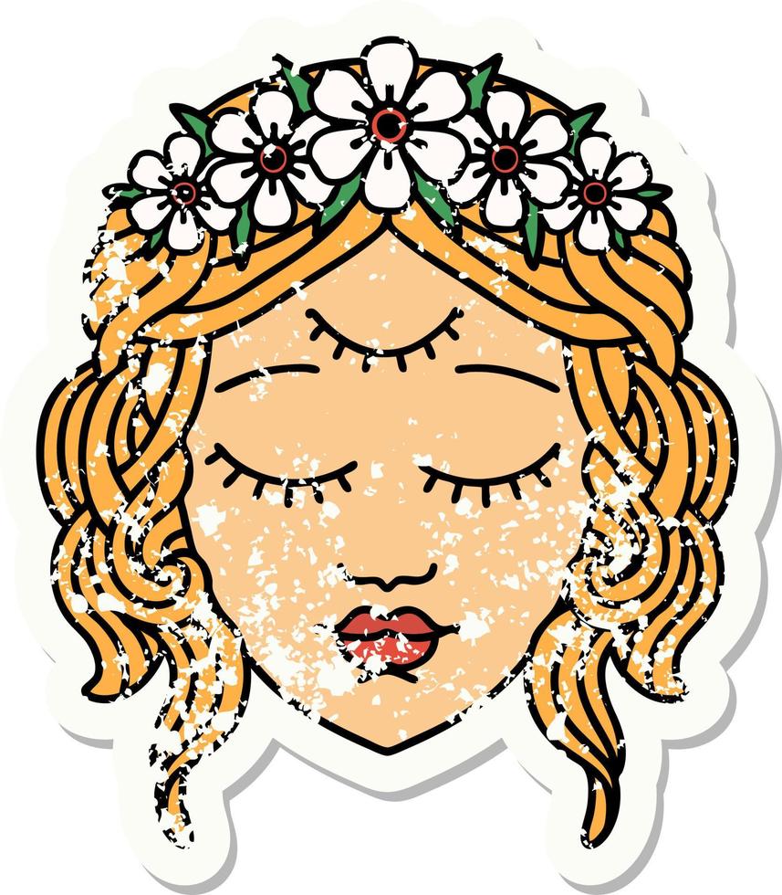 tatuagem tradicional de adesivo angustiado de rosto feminino com terceiro olho vetor