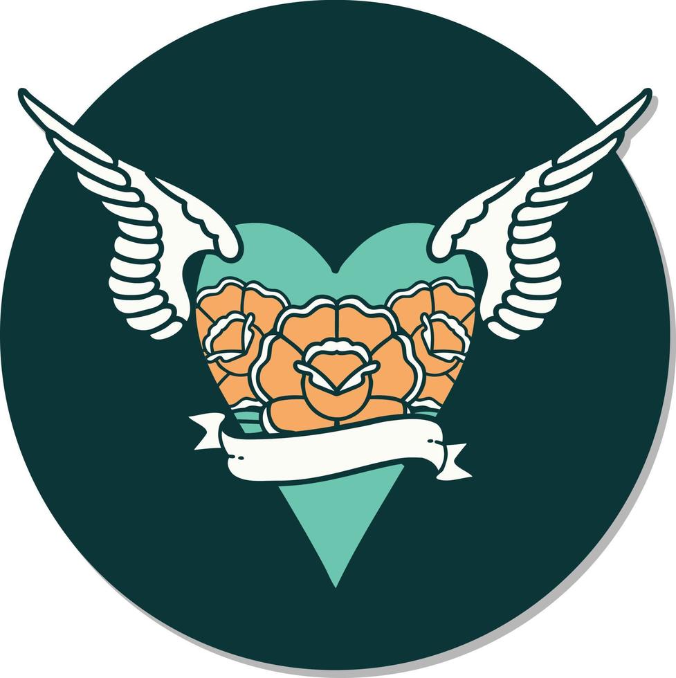 adesivo de tatuagem em estilo tradicional de um coração com asas e banner vetor