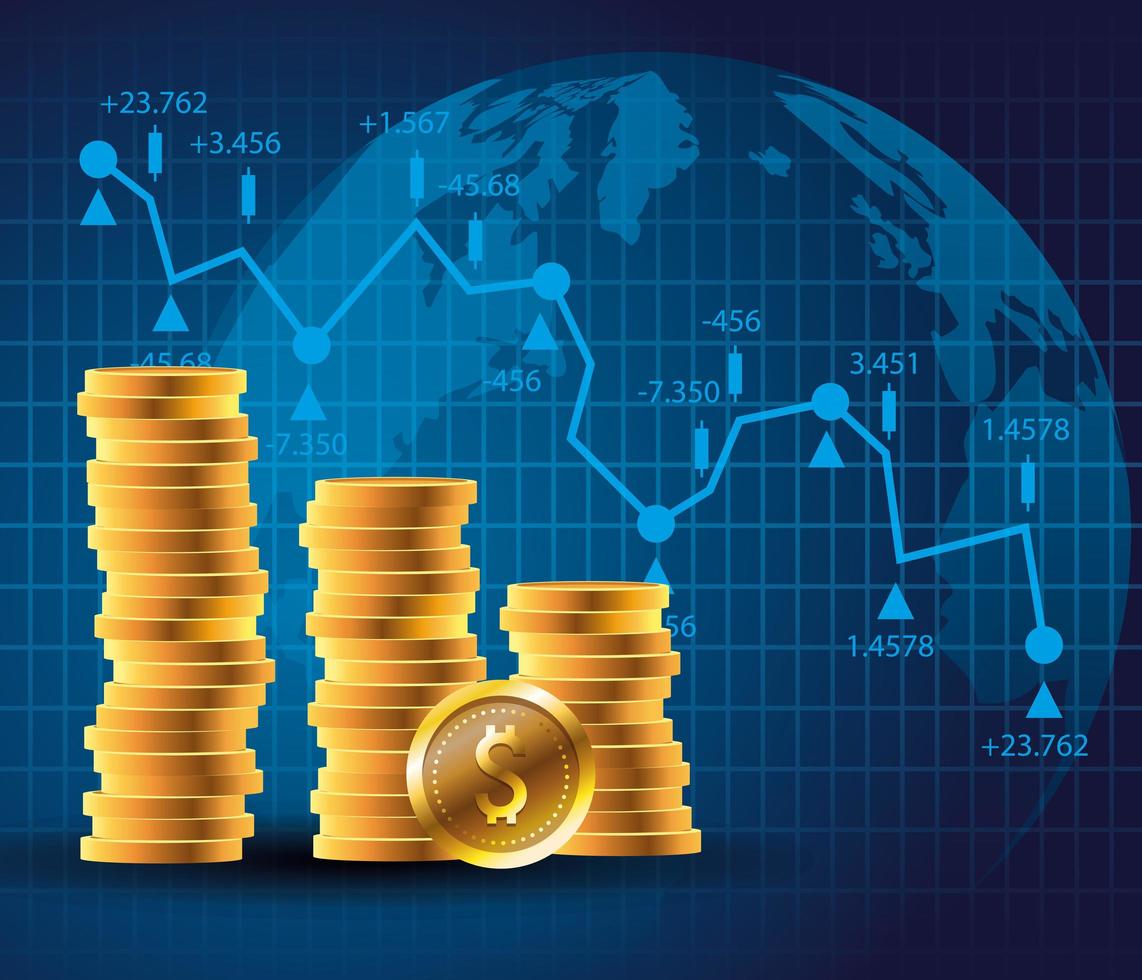 mercado de preços do petróleo com moedas e planeta mundial vetor