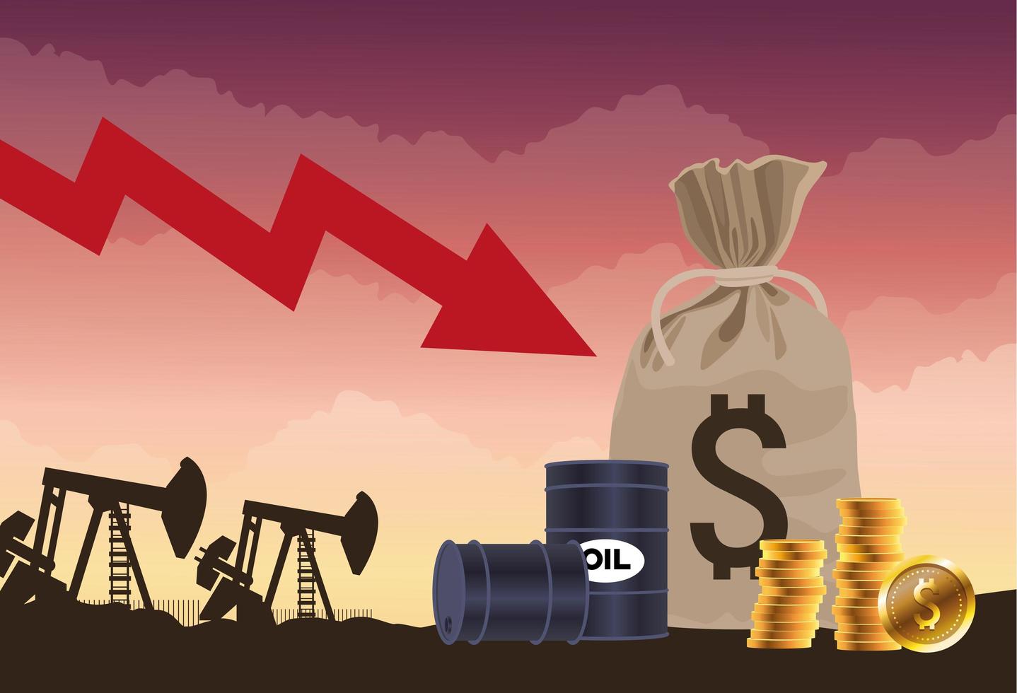 mercado de preço do petróleo com barris e moedas vetor