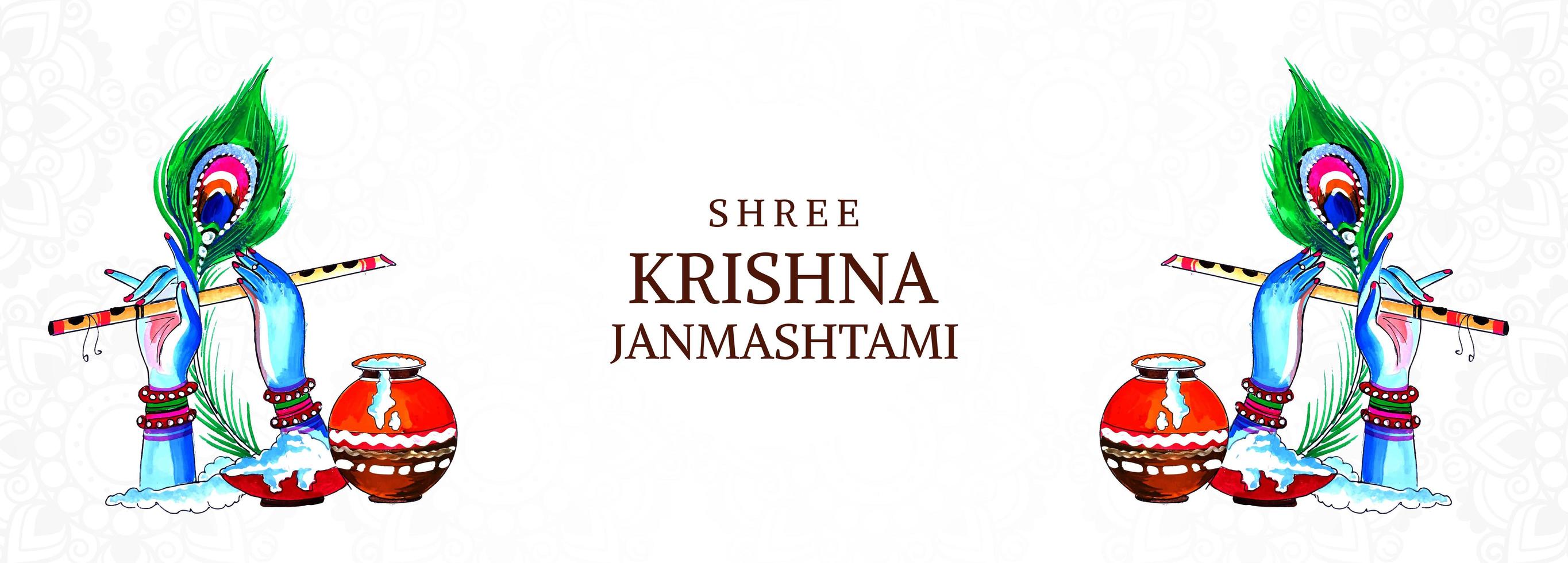 festival feliz Krishna Janmashtami mãos e banner de flauta vetor