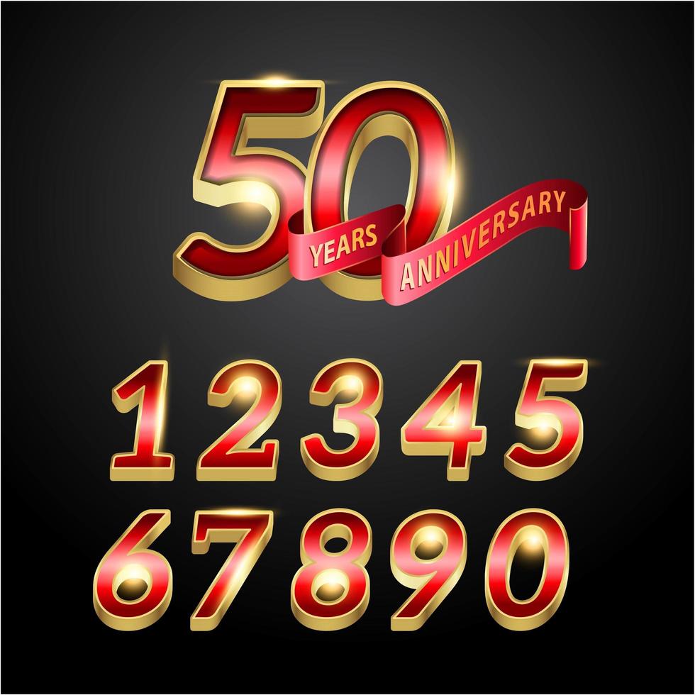 Números de aniversário de 50 anos vermelho e dourado vetor