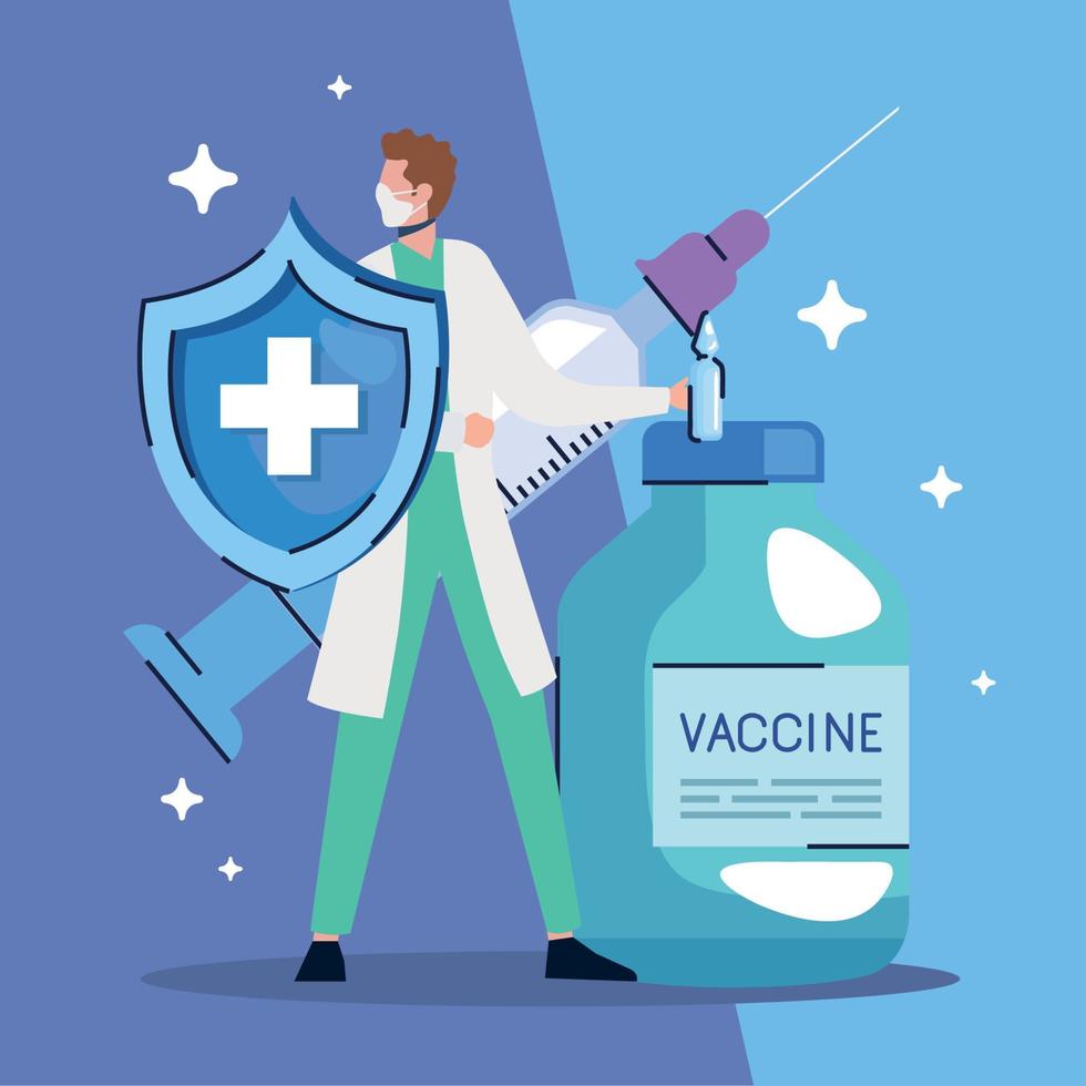 médico com escudo de vacina vetor