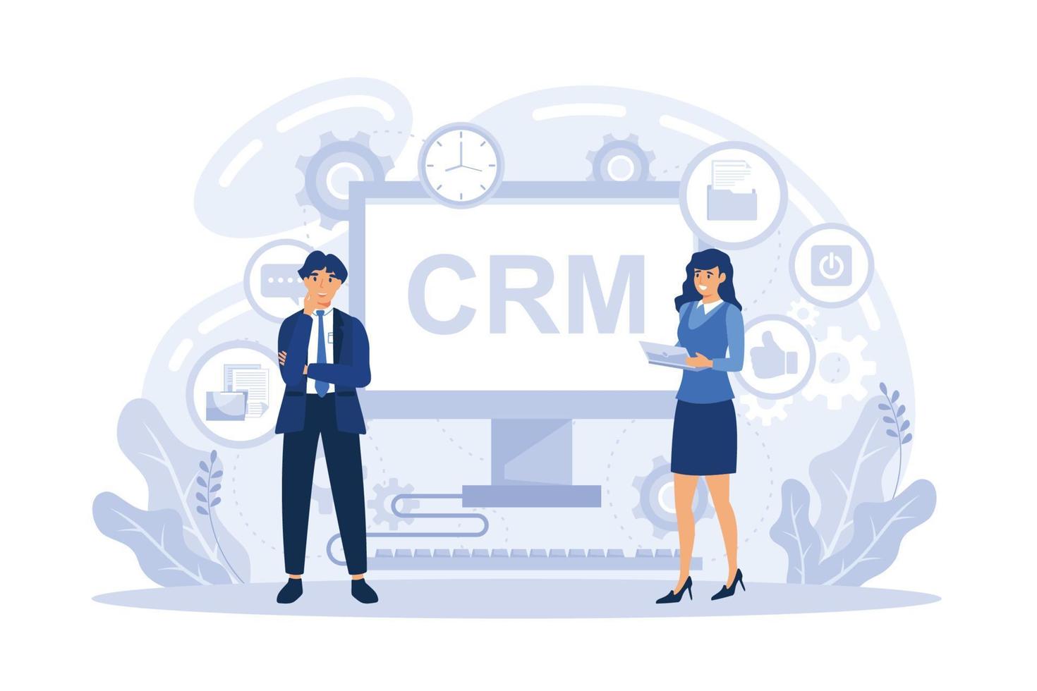 gerente aperta a mão do cliente, estratégia para interações com o cliente. gerenciamento de relacionamento com o cliente, sistema crm, conceito de gerenciamento de leads crm. ilustração moderna de vetor plana