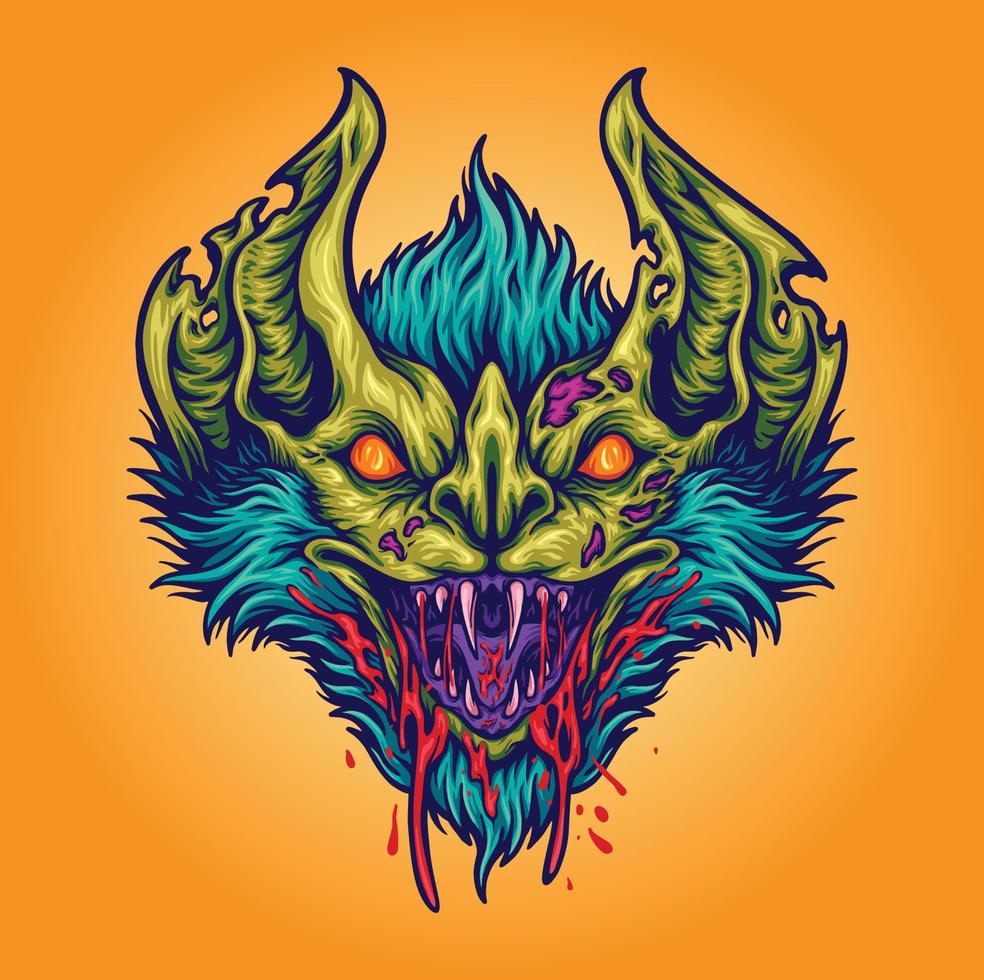 ilustrações vetoriais de monstro de cabeça de morcego assustador para o seu logotipo de trabalho, camiseta de mercadoria de mascote, adesivos e designs de etiquetas, pôster, cartões de saudação, empresa ou marcas de publicidade. vetor