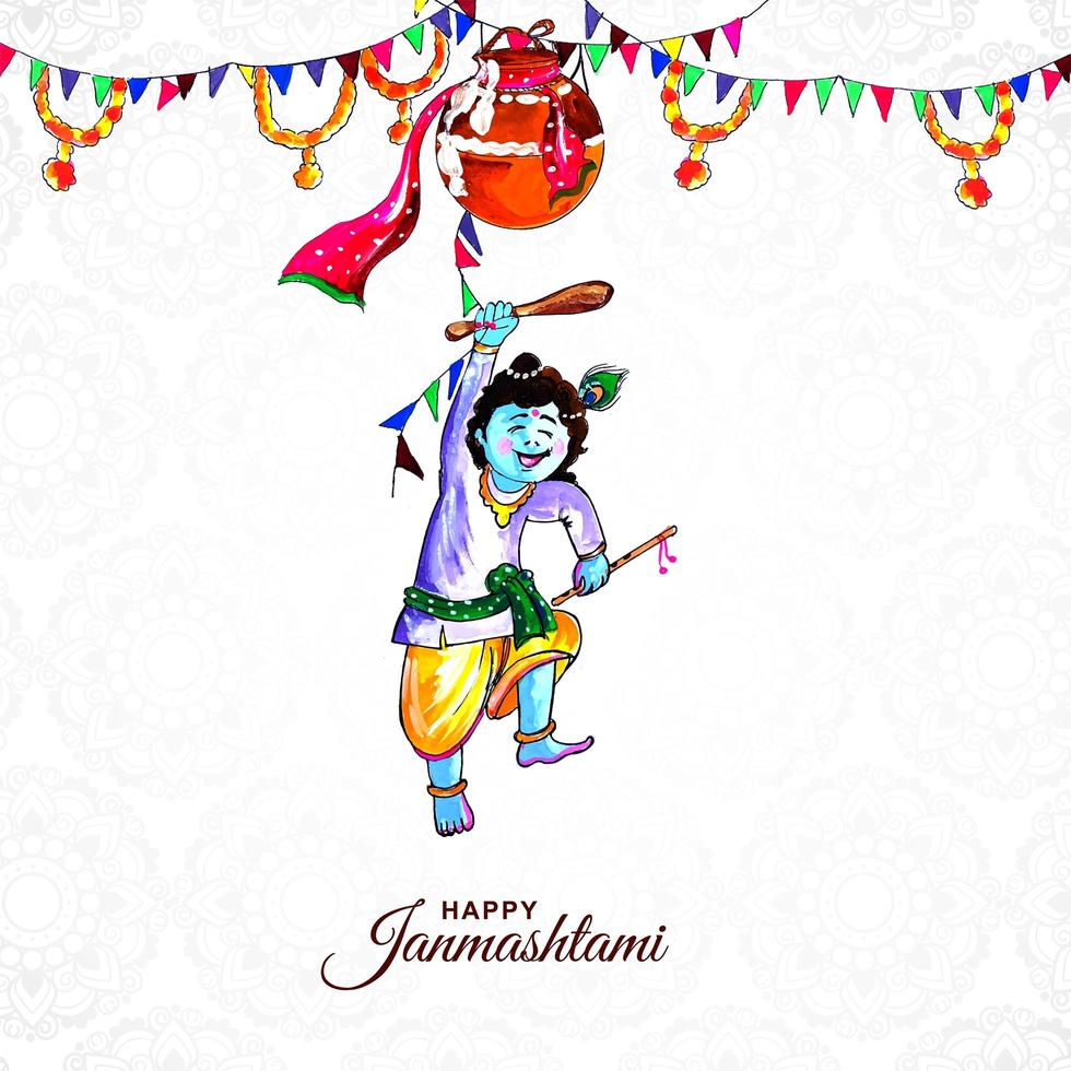 Senhor Krishna pulando, sorrindo em feliz design de Janmashtami vetor