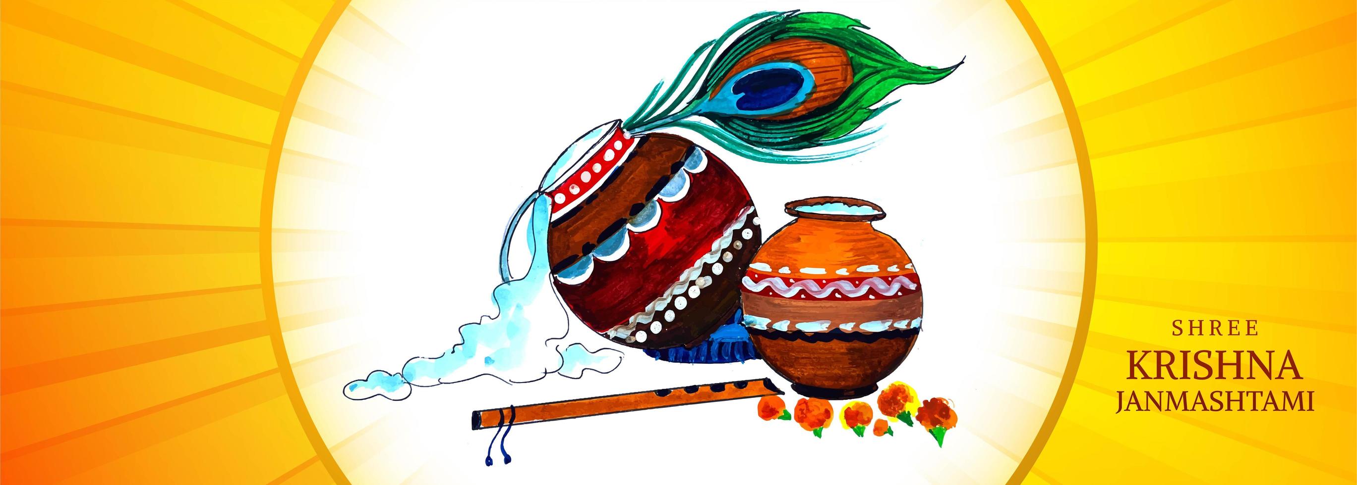 potes coloridos religiosos krishna janmashtami cartão banner design vetor