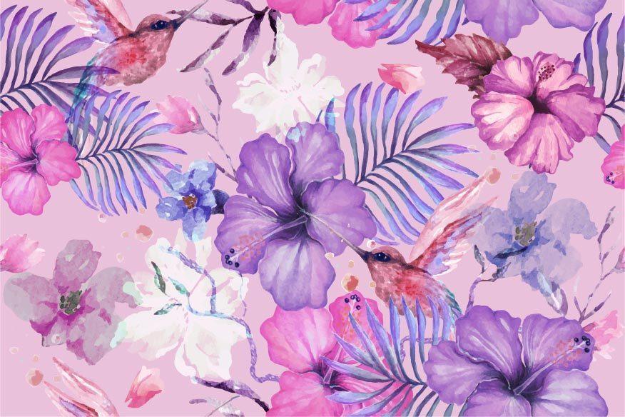flores de hibisco e aquarela com beija-flor vetor