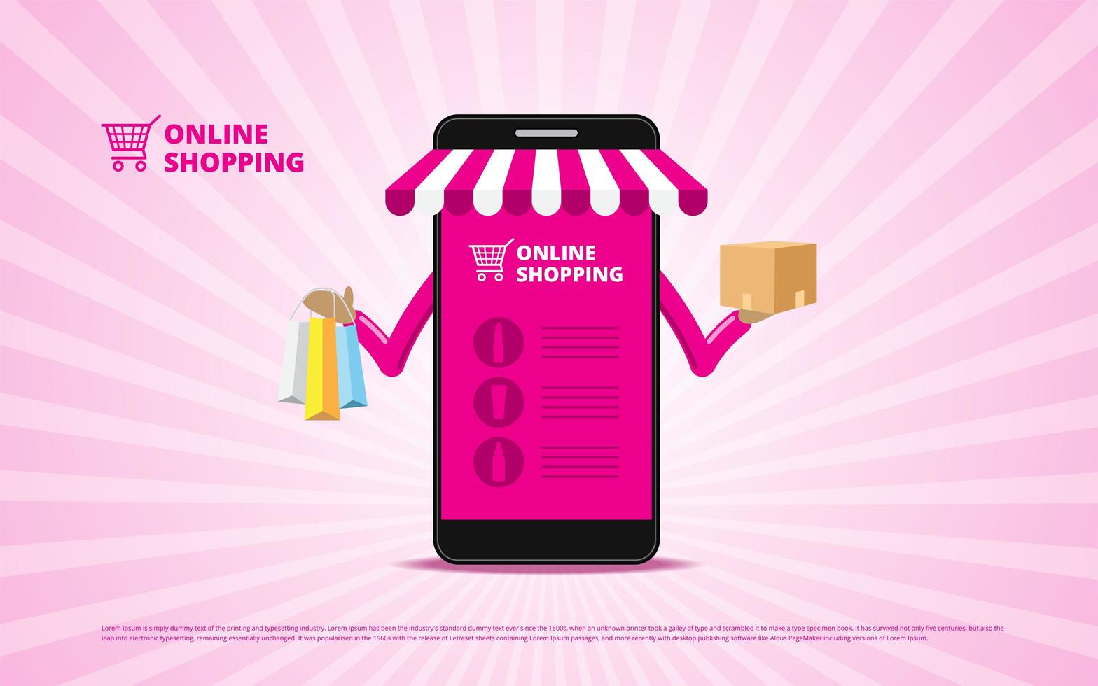 conceito de compras online com smartphone segurando itens vetor