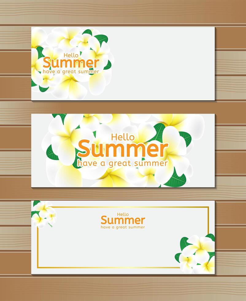 Olá banners de verão com flores em madeira vetor