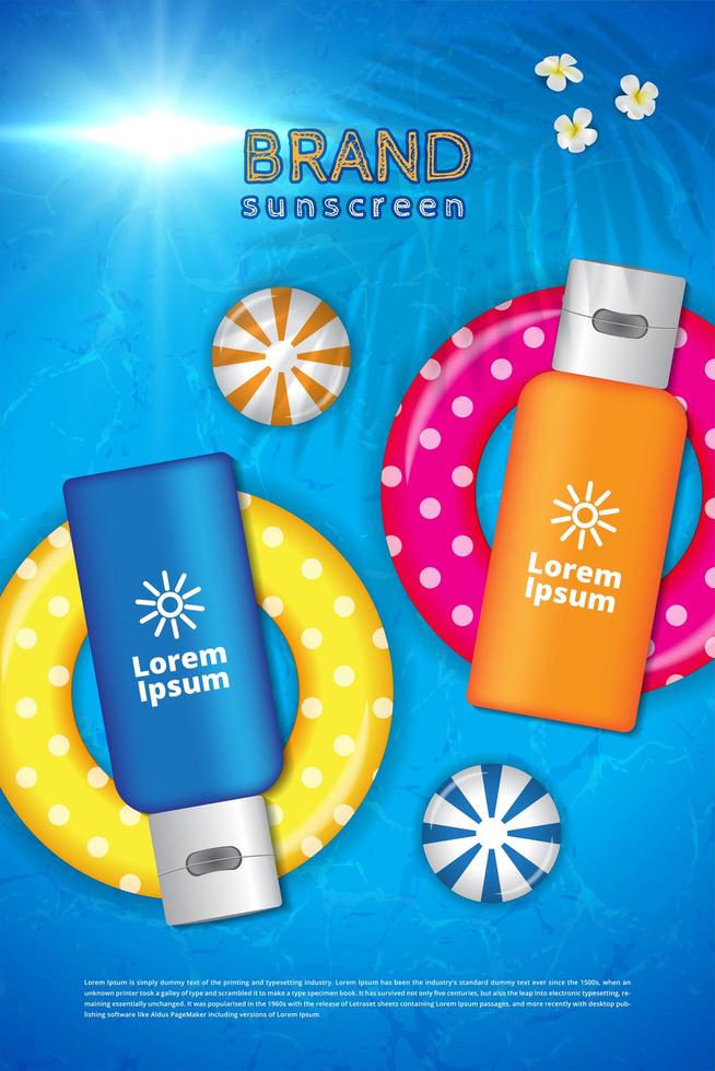 pôster de protetor solar com anel de natação e bolas de praia vetor
