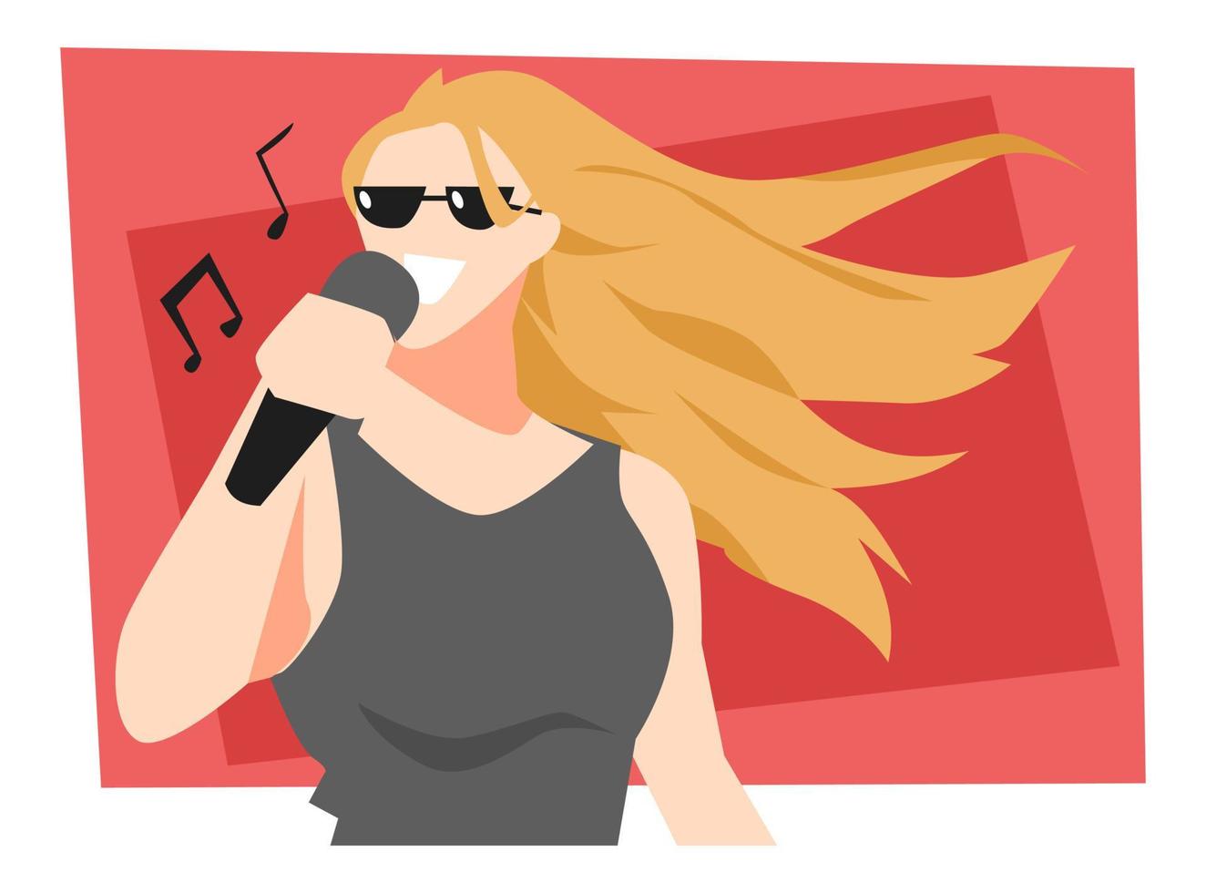 ilustração de menina loira com óculos cantando. microfone. fundo vermelho. ícone da música. conceito de performance, concerto, banda, música, arte, etc. vetor plano