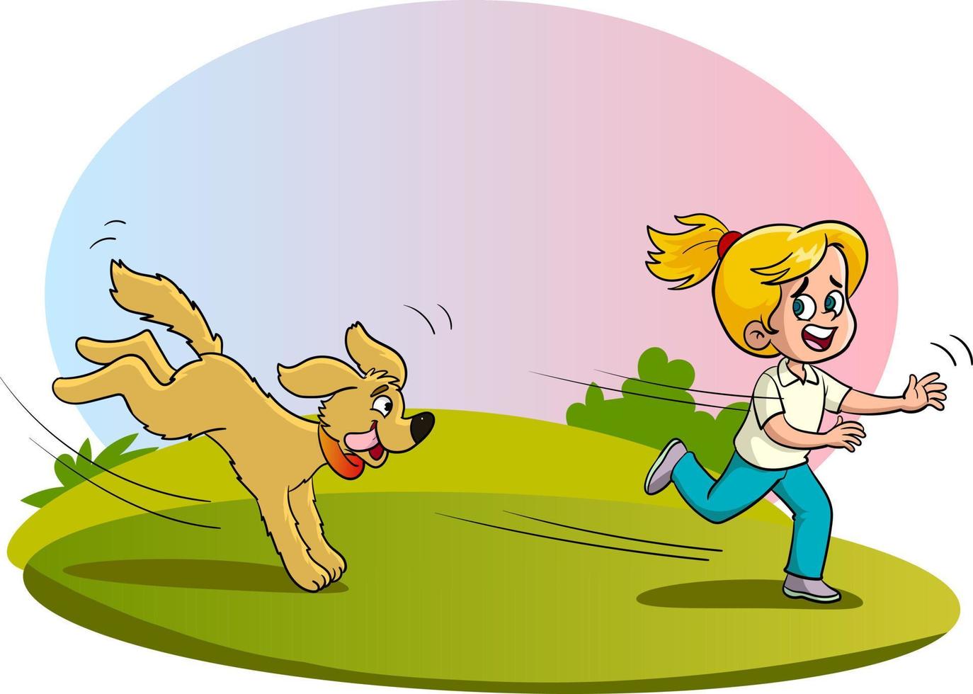 ilustração vetorial de menina correndo com medo de cachorro vetor