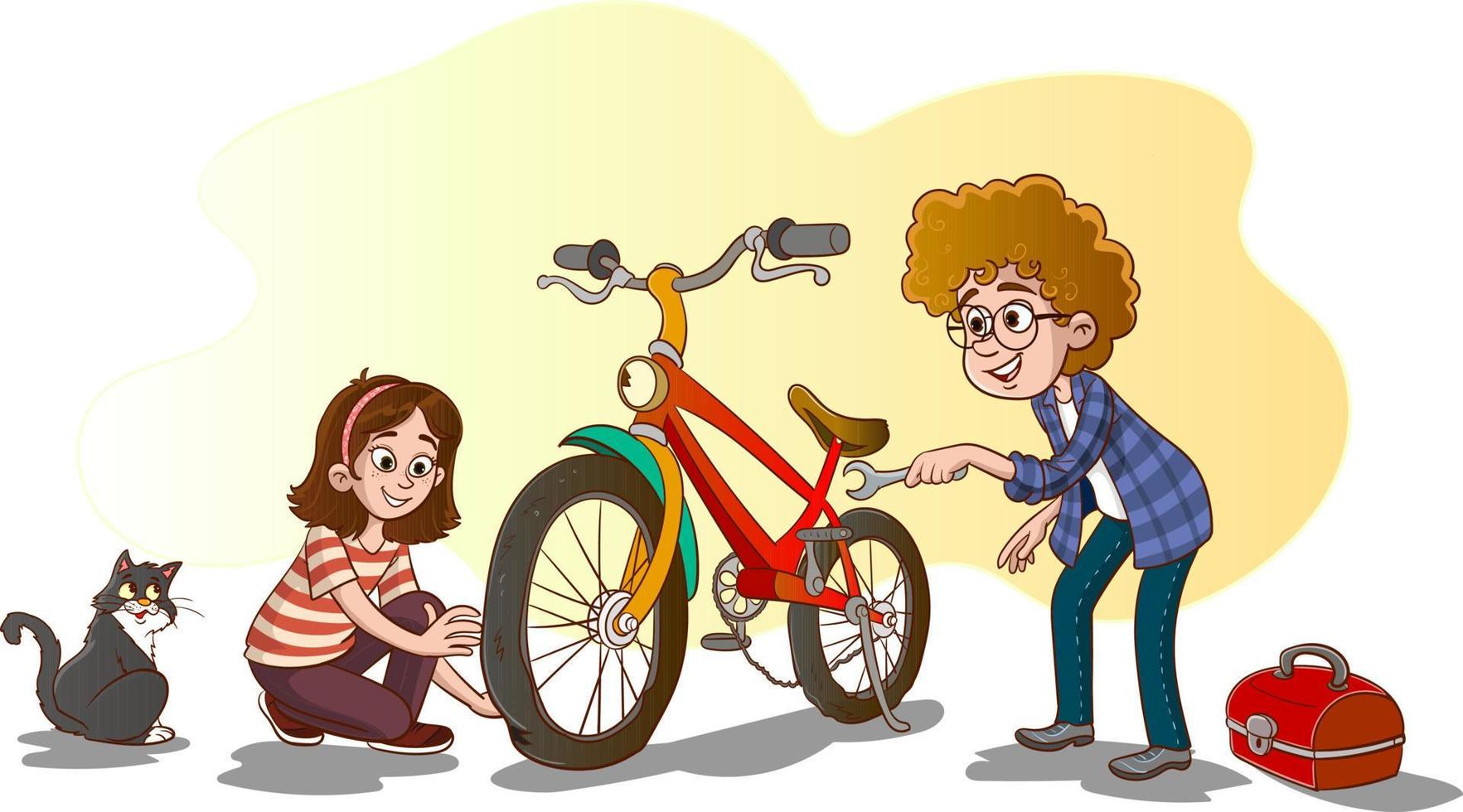ilustração vetorial de crianças consertando sua bicicleta. vetor