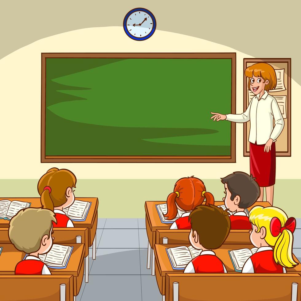 na sala de aula com as crianças. professor ou professor ensina alunos da primeira série do ensino fundamental ou crianças pré-escolares. aluno aprende lições ilustração vetorial de desenho animado interior vetor