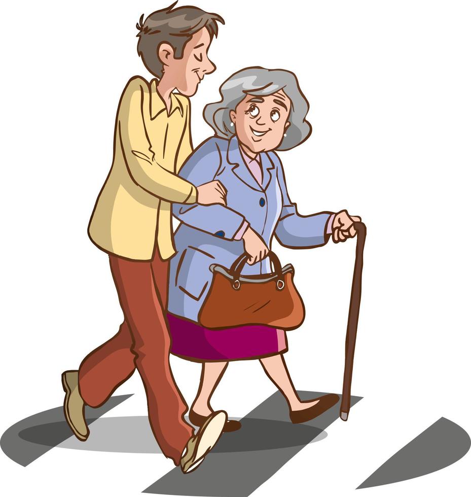 ilustração vetorial de jovem ajudando a velha na faixa de pedestres vetor
