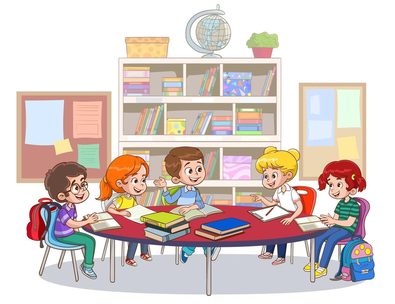 grupo de crianças sentadas à mesa na biblioteca da escola e estudando juntos. ou prateleiras no fundo. estudante estudo group.cartoon ilustração vetorial. vetor