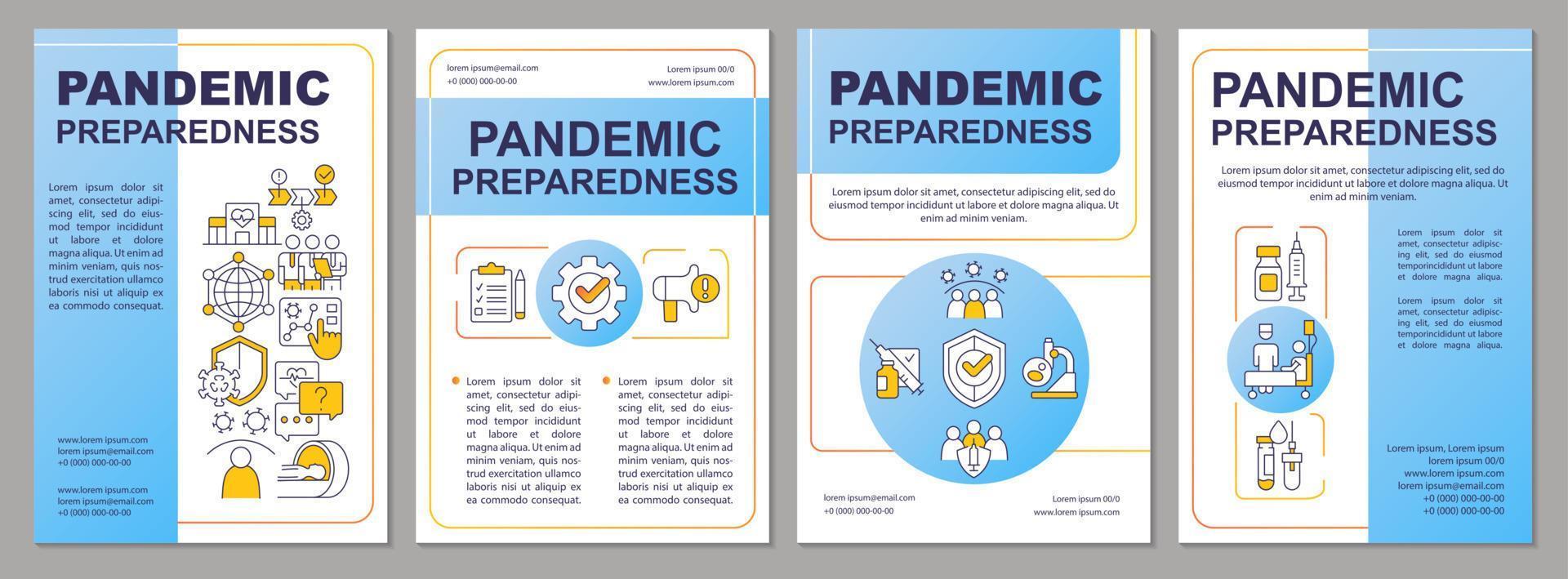 modelo de folheto azul de preparação para pandemia. design de folheto com ícones lineares. vacinação. 4 layouts vetoriais editáveis para apresentação, relatórios anuais. vetor
