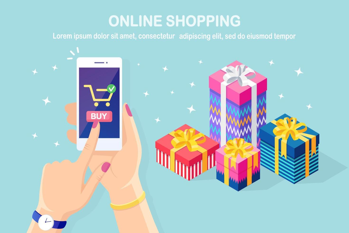 conceito de compras on-line. compre na loja de varejo pela internet. venda de natal com desconto. Caixa de presente isométrica 3D, saco, pilha de pacote. telefone celular, smartphone com ícone de carrinho na mão vetor