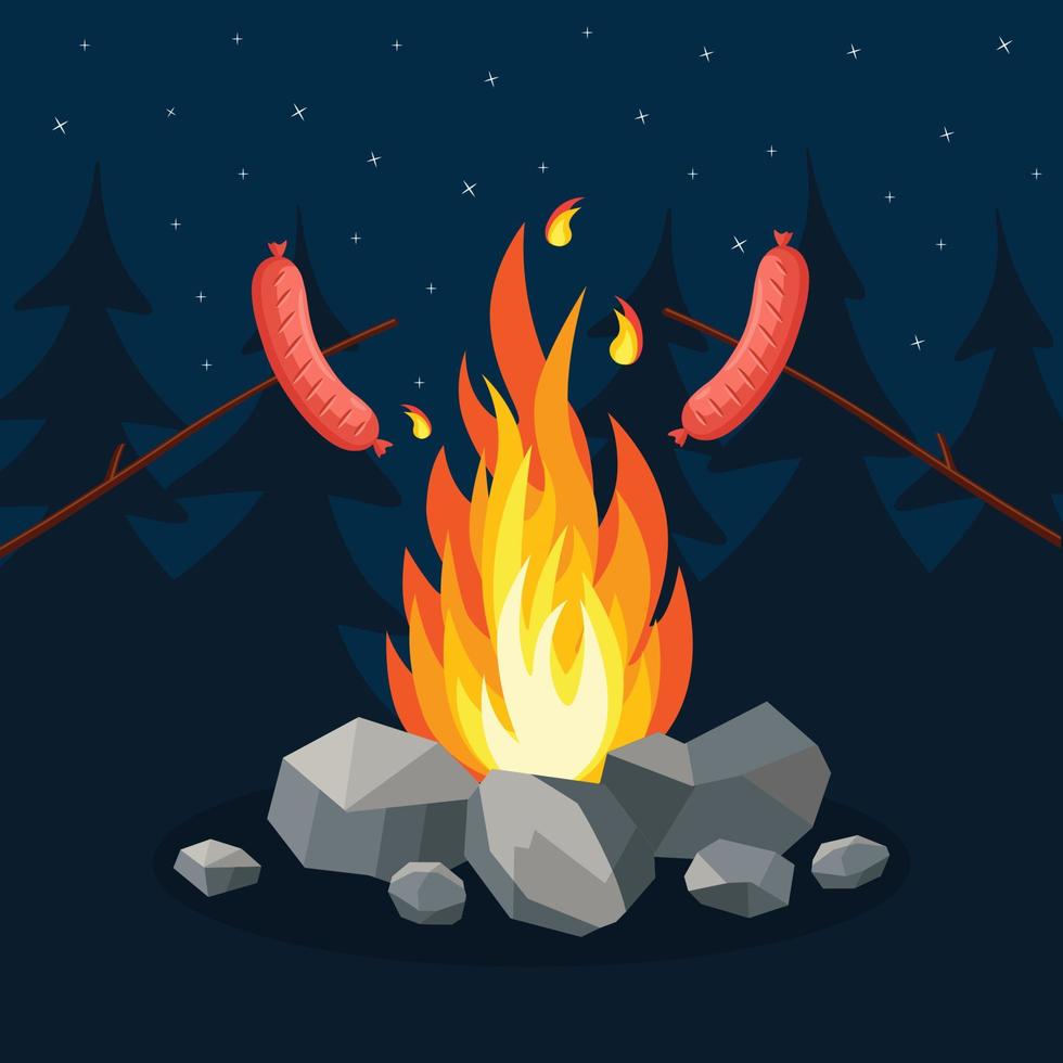salsichas grelhadas defumadas com fogueira de acampamento. piquenique no acampamento da floresta. festa noturna no acampamento perto da fogueira vetor