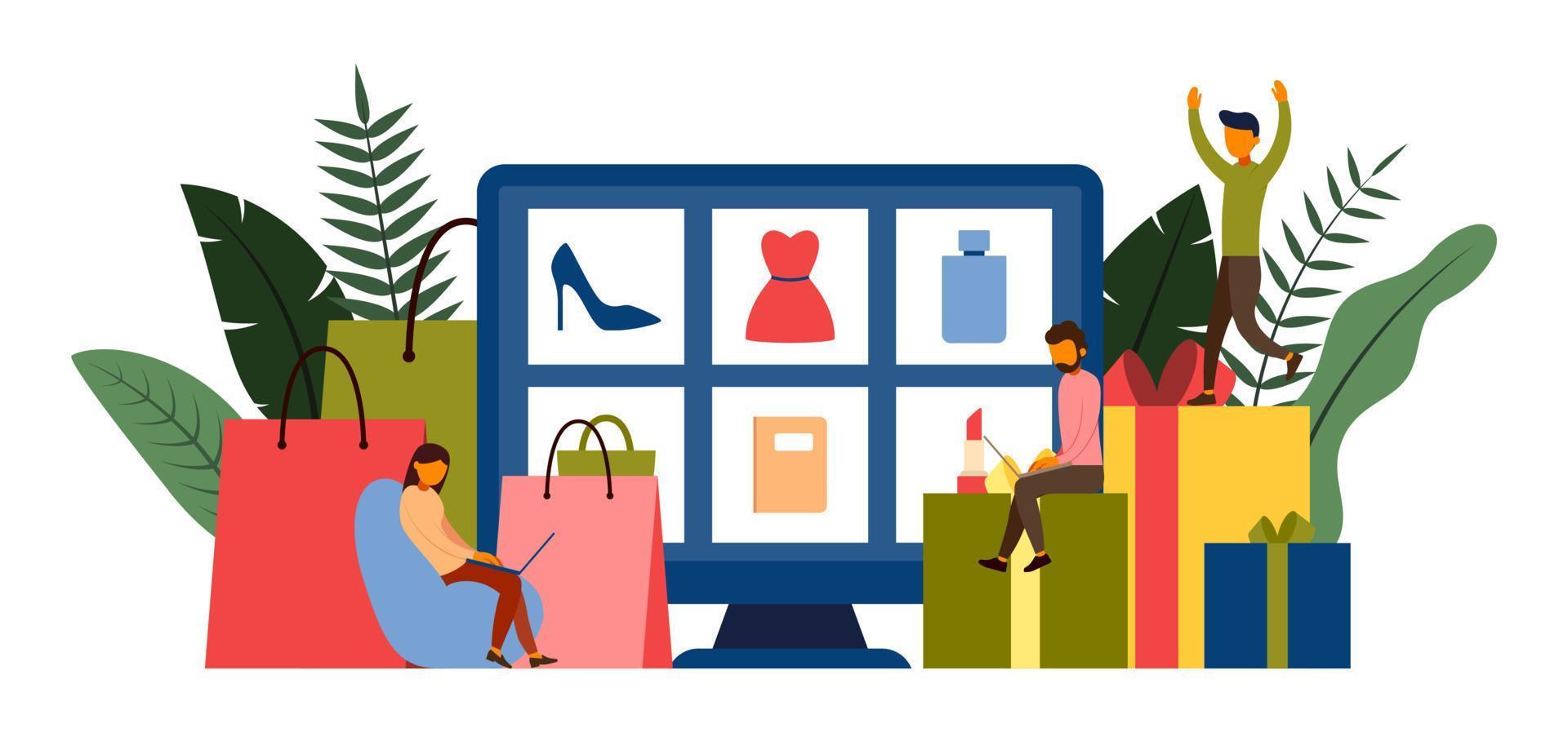 compras online, conceito de e-commerce com personagem, ilustração vetorial vetor