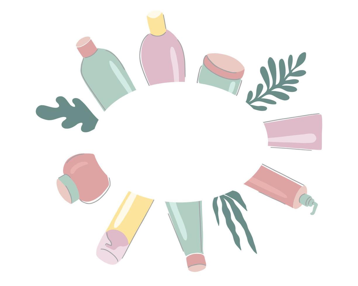 moldura oval de produtos de beleza. frascos e tubos de cosméticos dispostos em forma de elipse. ilustração vetorial desenhada à mão vetor